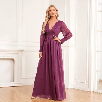 Modest Simple Fuchsia Glitter Prom Dresses 2024 A Line Princess V Neck Long Sleeve Floor Length Long Prom Formal Dresses
