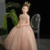 Elegant Champagne Glitter Birthday Flower Girl Dresses 2024 Ball Gown Scoop Neck Short Sleeve Floor-Length / Long