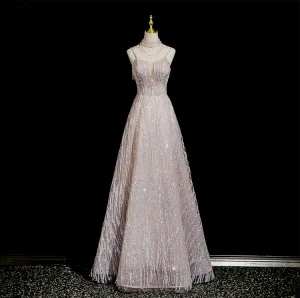 Scintillantes Rougissant Rose Perlage Faux Diamant Paillettes Robe De Bal 2025 Princesse Col Haut Sans Manches Dos Nu Longue Robe De Ceremonie