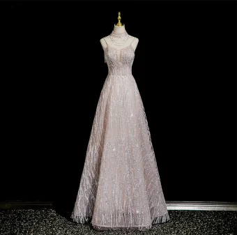 Scintillantes Rougissant Rose Perlage Faux Diamant Paillettes Robe De Bal 2025 Princesse Col Haut Sans Manches Dos Nu Longue Robe De Ceremonie