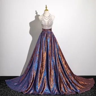 Sparkly Multi Colors Beading Rhinestone Sequins Prom Dresses 2025 A Line Princess Halter Sleeveless Backless Sweep Train Prom Formal Dresses
