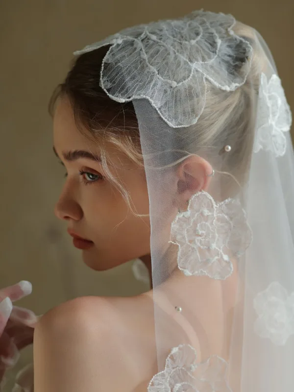 Élégant Blanche En Dentelle Fleur Voile De Mariée Gants Mariage Voile De Mariée 2025 Tulle