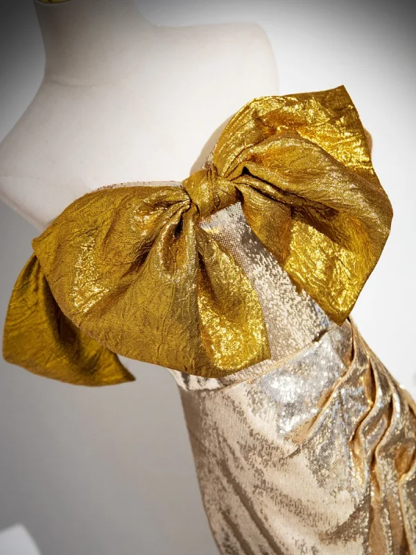 Scintillantes Doré Paillettes Fendue devant Robe De Bal 2024 Trompette / Sirène Bustier Noeud Sans Manches Dos Nu Train De Balayage Promo Robe De Ceremonie