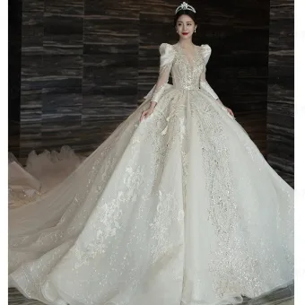 Charmant Blanche Perlage Perle Paillettes Noeud Tomber Hiver Robe De Mariée 2024 Robe Boule V Cou Manches Longues Dos Nu Chapel Train Mariage