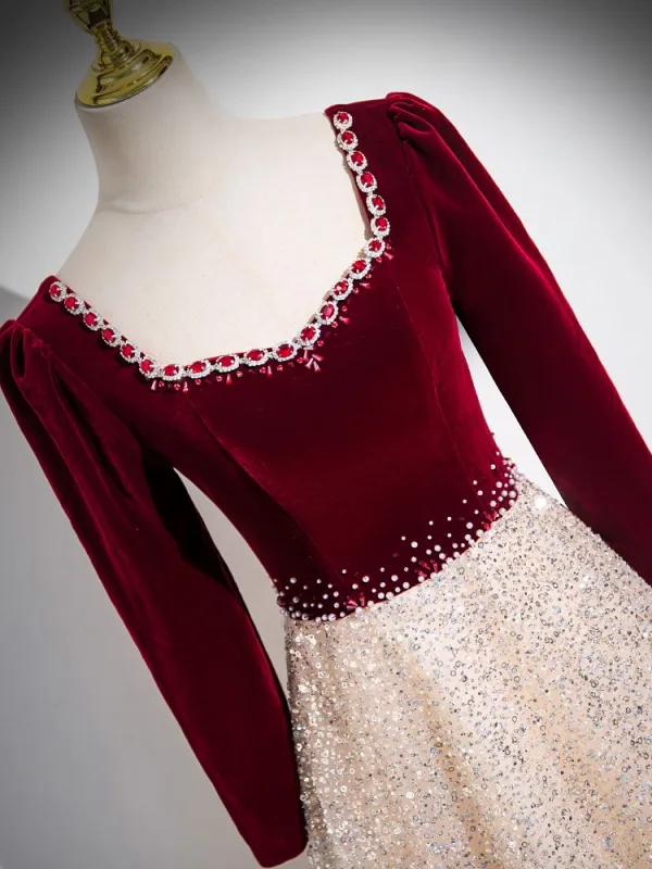 Chic / Belle Bordeaux Faux Diamant Paillettes Robe De Bal 2024 Princesse Encolure Carrée Manches Longues Longue Promo Robe De Ceremonie