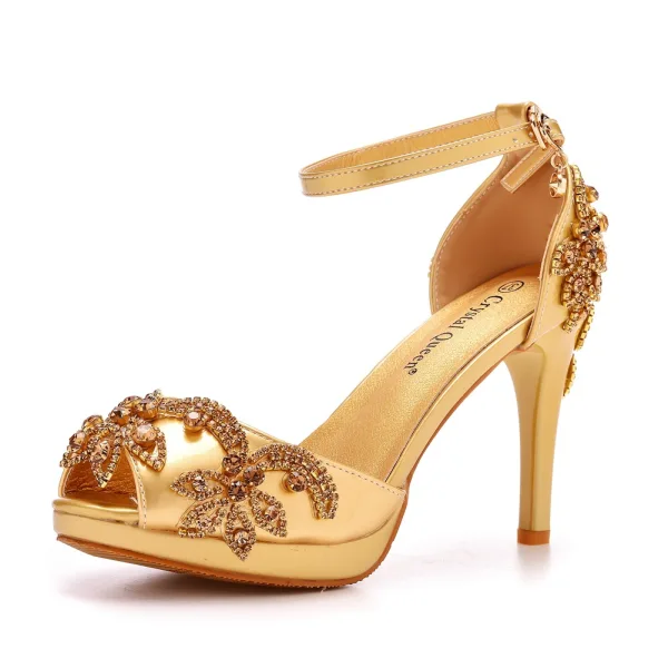 Piękne Białe Rhinestone Buty Ślubne 2023 Z Paskiem 10 cm Szpilki Peep Toe Ślub Sandały Wysokie Obcasy