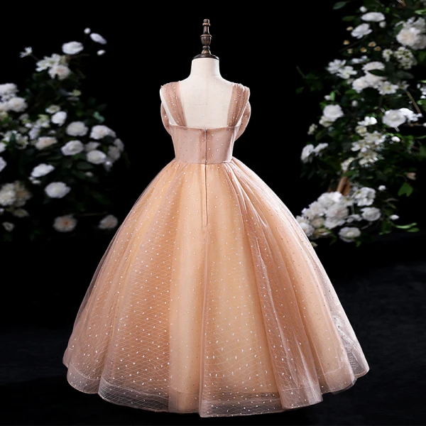 Chic / Belle Champagne Perlage Faux Diamant Paillettes Robe Ceremonie Fille 2024 Robe Boule Anniversaire Encolure Carrée Noeud Sans Manches Dos Nu Longue