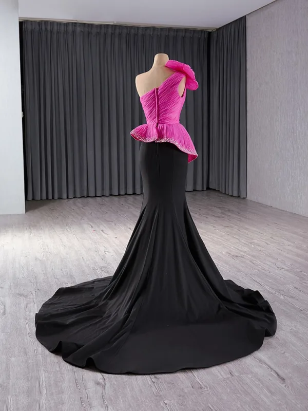 High-end Fuchsia Rhinestone Prom Dresses 2024 Trumpet / Mermaid One-Shoulder Appliques Sleeveless Backless Floor-Length / Long Prom Formal Dresses