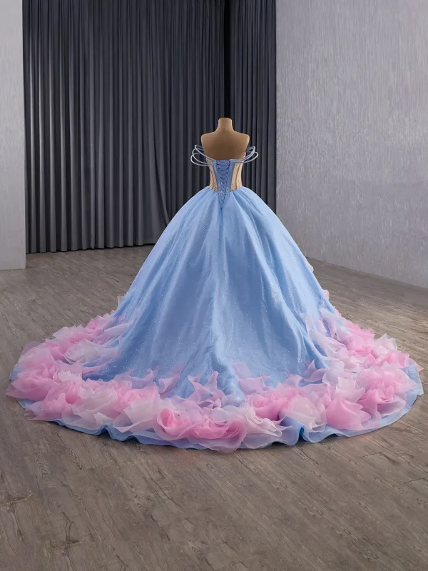 High-end Fashion Sky Blue Cascading Ruffles Sequins Rhinestone Prom Dresses 2025 Ball Gown Strapless Sleeveless Backless Court Train Formal Dresses