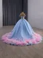 High-end Fashion Sky Blue Cascading Ruffles Sequins Rhinestone Prom Dresses 2025 Ball Gown Strapless Sleeveless Backless Court Train Formal Dresses
