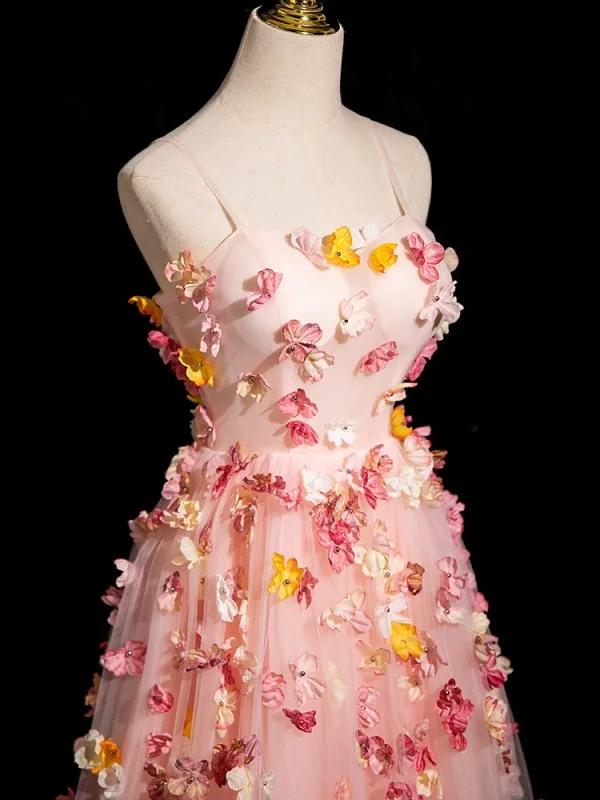 Flower Fairy Blushing Pink Appliques Prom Dresses 2024 A-Line / Princess Spaghetti Straps Sleeveless Backless Floor-Length / Long Prom Formal Dresses