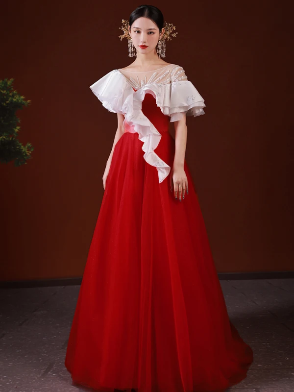 High-end Chinese style Red Prom Dresses 2022 A-Line / Princess Scoop Neck Beading Pearl Rhinestone Short Sleeve Backless Sweep Train Formal Dresses