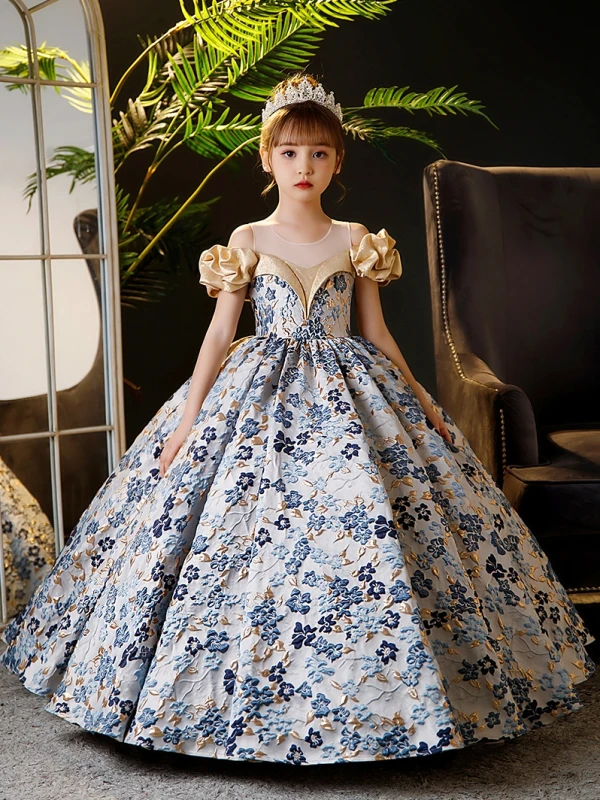 Elegant Sky Blue Printing Birthday Flower Girl Dresses 2024 Ball Gown Scoop Neck Ruffle Short Sleeve Floor-Length / Long