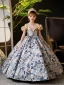 Elegant Sky Blue Printing Birthday Flower Girl Dresses 2024 Ball Gown Scoop Neck Ruffle Short Sleeve Floor-Length / Long