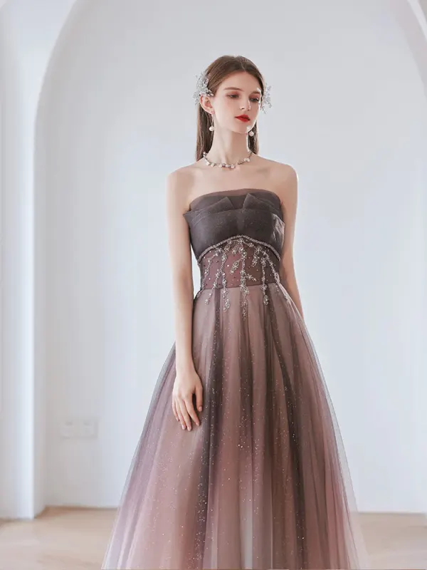 Chic / Beautiful Purple Rhinestone Sequins Prom Dresses 2022 A-Line / Princess Strapless Sleeveless Backless Floor-Length / Long Prom Formal Dresses