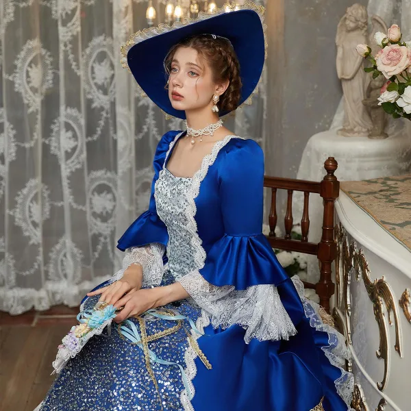 Vintage / Retro Medieval Royal Blue Beading Sequins Lace Flower Prom Dresses 2024 Ball Gown Square Neckline Bell sleeves Floor-Length / Long Prom Vintage / Retro Medieval Royal Blue Beading Sequins Lace Flower Prom Dresses 2024 Ball Gown Square Neckline Bell sleeves Floor-Length / Long Prom