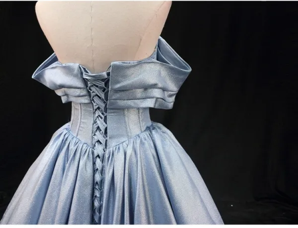 Chic / Beautiful Sky Blue Off-The-Shoulder Prom Dresses 2025 Ball Gown Short Sleeve Backless Floor-Length / Long Prom Formal Dresses