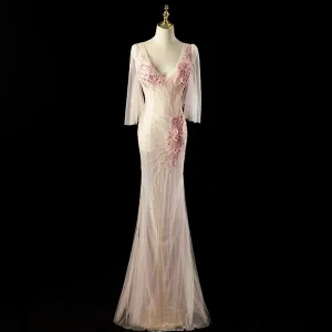 Charmant Rougissant Rose Perlage Perle Paillettes Robe De Soirée 2024 Trompette Sirène Col V Profond Manches Courtes Dos Nu Longue Soirée Robe De Ceremonie