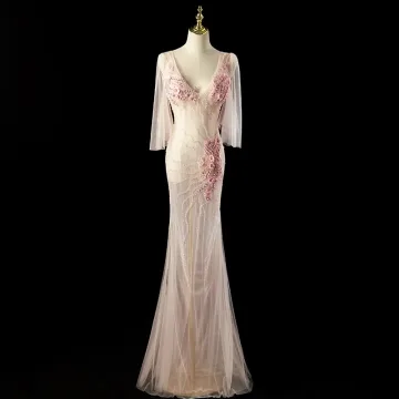 Charmant Rougissant Rose Perlage Perle Paillettes Robe De Soirée 2024 Trompette Sirène Col V Profond Manches Courtes Dos Nu Longue Soirée Robe De Ceremonie