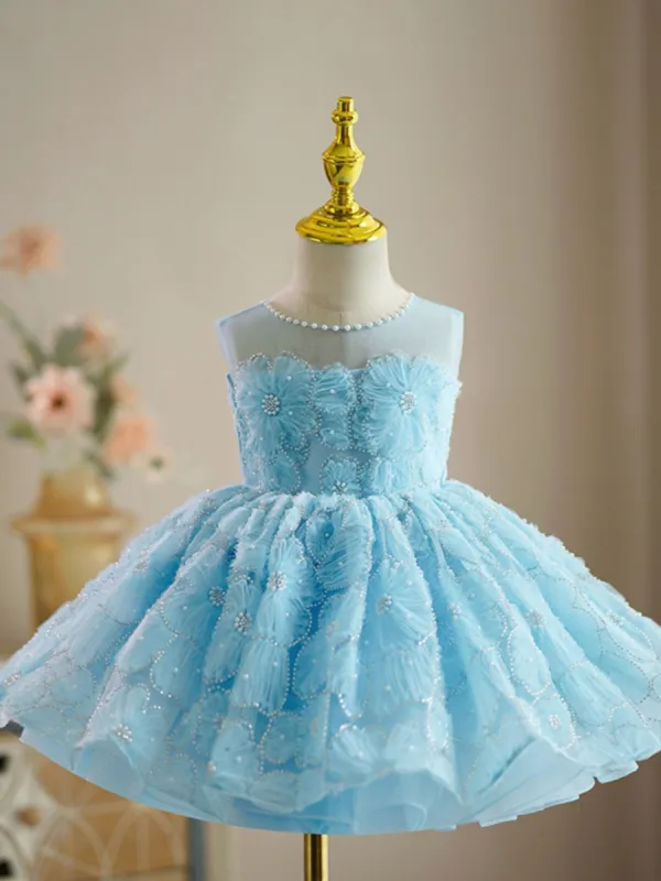 Fashion Sky Blue Pearl Short Birthday Flower Girl Dresses 2023 Ball Gown Scoop Neck Sleeveless