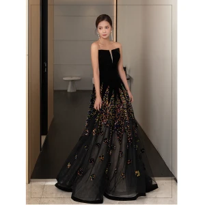 Charmant Noire Paillettes Robe De Soirée 2023 Princesse Bustier Sans Manches Dos Nu Longue Soirée Robe De Ceremonie
