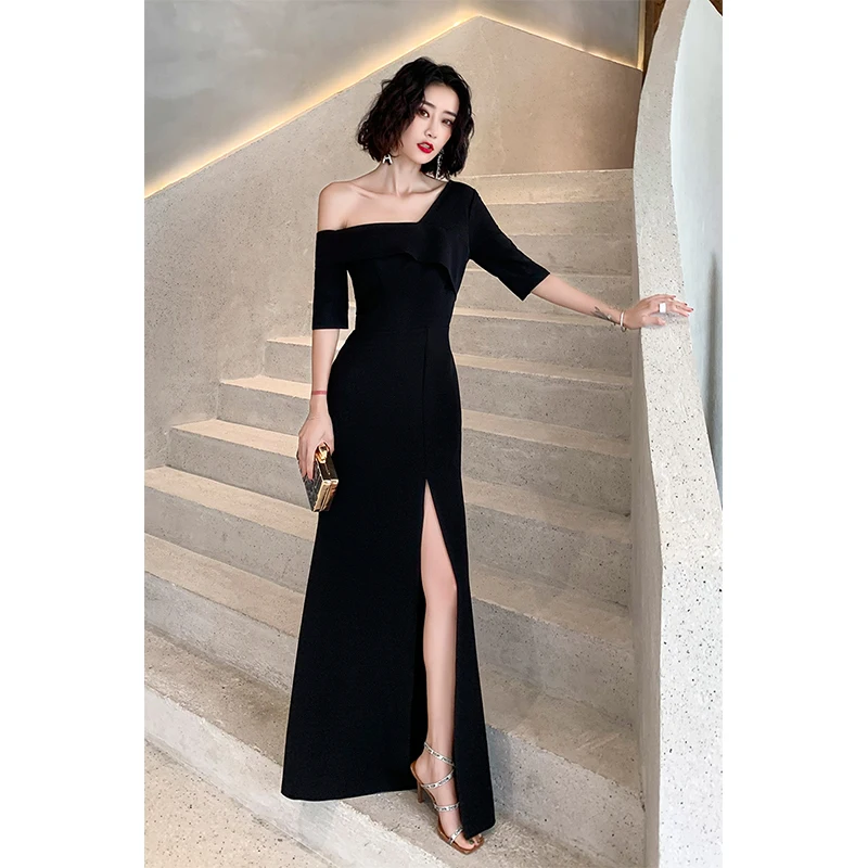 Sexy Black Evening Dresses 2022 A Line Princess One Shoulder Short Sleeve  Split Front Floor Length Long Evening Party Formal Dresses
