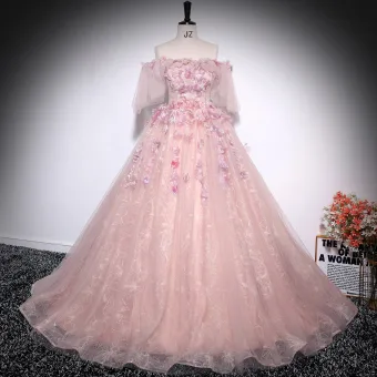 Fée Des Fleurs Rougissant Rose Appliques Robe De Bal 2025 Bretelles Croisées Robe Boule De L Épaule Manches Courtes Dos Nu Train De Balayage Robe De Ceremonie