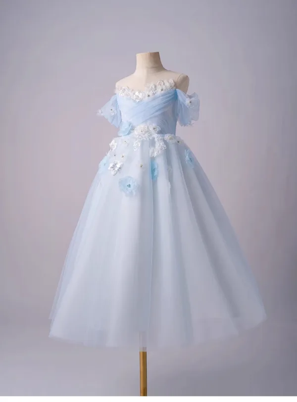 Chic / Beautiful Sky Blue Pearl Sequins Appliques Birthday Flower Girl Dresses 2025 A-Line / Princess Scoop Neck Short Sleeve Backless Floor-Length / Long Flower Girl Dresses