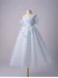 Chic / Beautiful Sky Blue Pearl Sequins Appliques Birthday Flower Girl Dresses 2025 A-Line / Princess Scoop Neck Short Sleeve Backless Floor-Length / Long Flower Girl Dresses