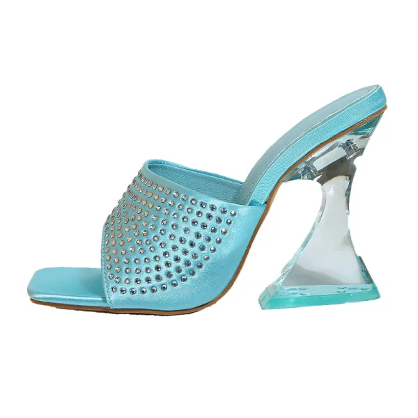 Summer Fashion Pool Blue Street Wear Rhinestone Womens Sandals 2022 9 cm Crystal Stiletto Heels Open / Peep Toe Sandals High Heels