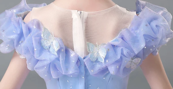 Cinderella Sky Blue Lace Butterfly Star Sequins Flower Girl Dresses 2024 Ball Gown Birthday Scoop Neck Short Sleeve Floor-Length / Long