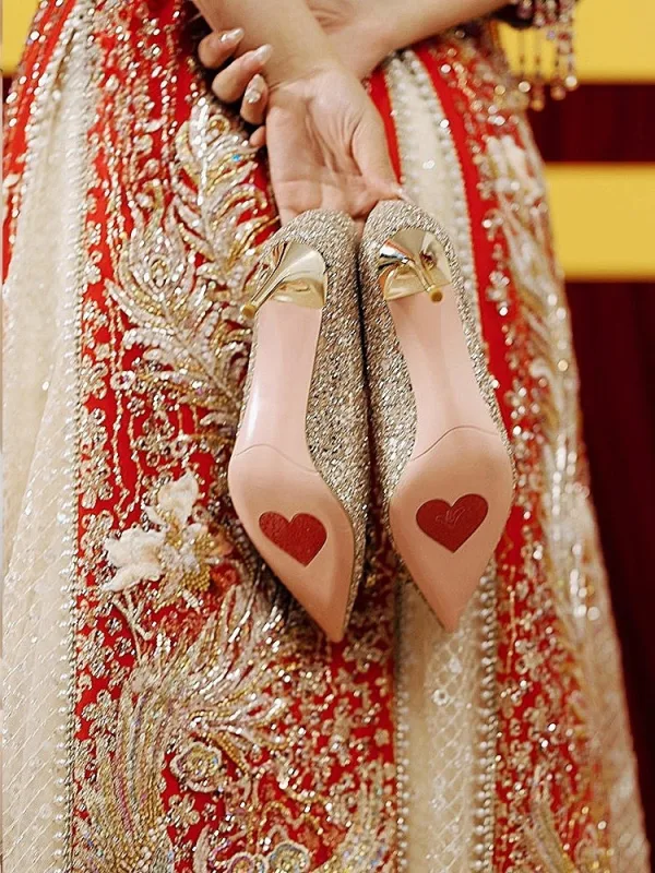 Sparkly Gold Sequins Rhinestone Leather Wedding Shoes 2026 6 cm Stiletto Heels Pointed Toe Pumps High Heels