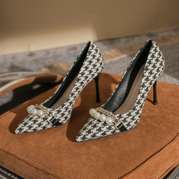 Fashion Black Plaid Evening Party Pumps 2022 Pearl 7 cm Stiletto Heels Pointed Toe Pumps High Heels