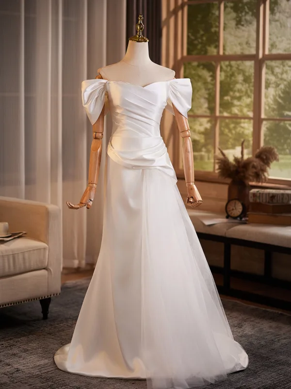 Élégant Ivoire Satin Robe De Bal 2026 Trompette / Sirène De l'épaule Manches Courtes Dos Nu Train De Balayage Robe De Ceremonie