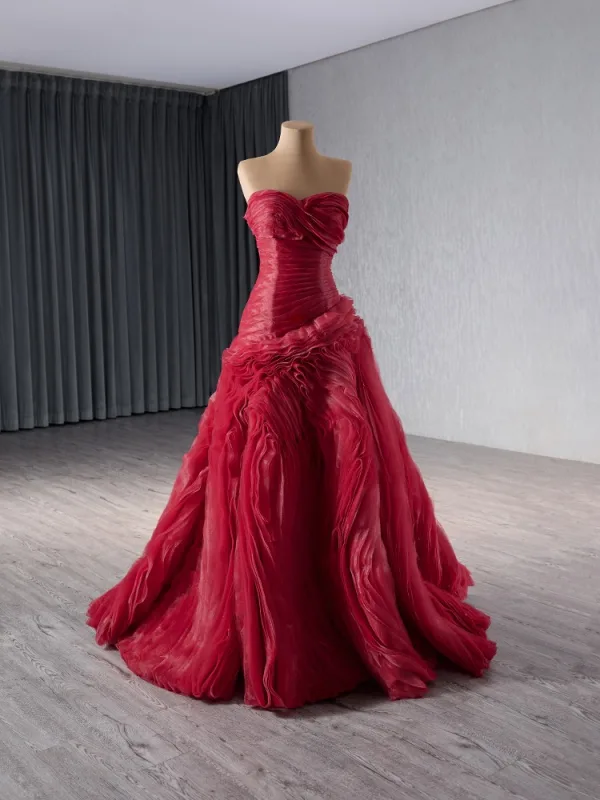 High-end Burgundy Pleated Prom Dresses 2024 Ball Gown Strapless Sleeveless Backless Floor-Length / Long Prom Formal Dresses