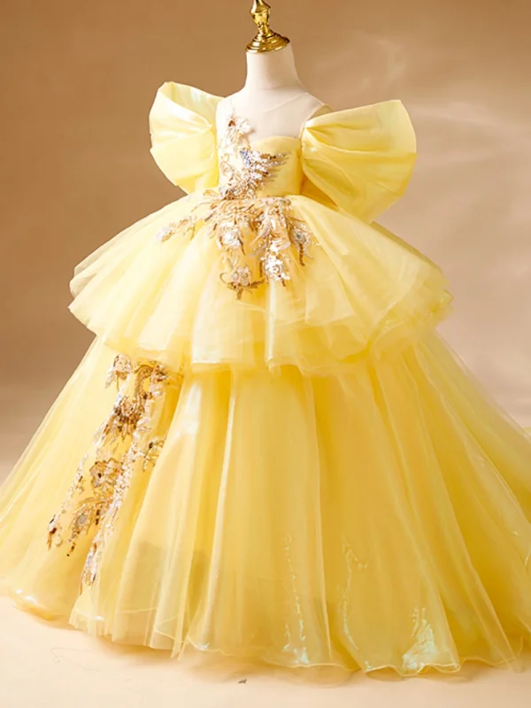 Fashion Yellow Beading Sequins Cascading Ruffles Birthday Flower Girl Dresses 2024 Ball Gown Scoop Neck Short Sleeve Backless Sweep Train