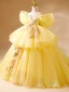 Fashion Yellow Beading Sequins Cascading Ruffles Birthday Flower Girl Dresses 2024 Ball Gown Scoop Neck Short Sleeve Backless Sweep Train