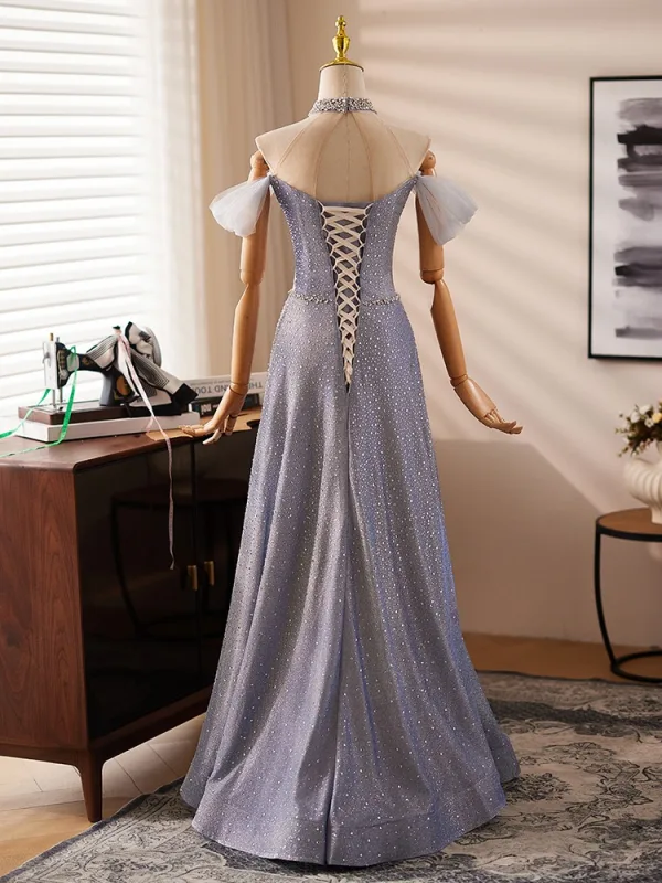 High End Grau Handgefertigt Perlenstickerei Strass Pailletten Ballkleider 2024 A Linie Stehkragen Kurze Ärmel Rückenfreies Lange Ball Festliche Kleider