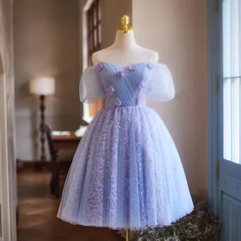 Chic Beautiful Lavender Appliques Sequins Homecoming Graduation Dresses 2024 Ball Gown Off The Shoulder Short Sleeve Backless Floor Length Long Formal Dresses