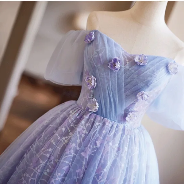 Chic / Beautiful Lavender Appliques Sequins Homecoming Graduation Dresses 2024 Ball Gown Off-The-Shoulder Short Sleeve Backless Floor-Length / Long Formal Dresses