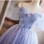 Chic / Beautiful Lavender Appliques Sequins Homecoming Graduation Dresses 2024 Ball Gown Off-The-Shoulder Short Sleeve Backless Floor-Length / Long Formal Dresses