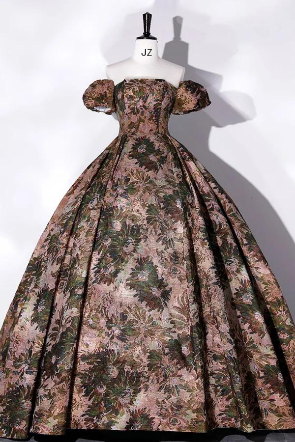 Vintage / Retro Brown Printing Prom Dresses 2022 Ball Gown Strapless Short Sleeve Backless Floor-Length / Long Prom Formal Dresses