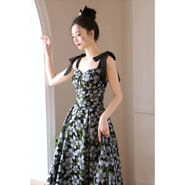 Chic / Beautiful Black Printing Homecoming Graduation Dresses 2023 A-Line / Princess Spaghetti Straps Bow Sleeveless Backless Floor-Length / Long Formal Dresses