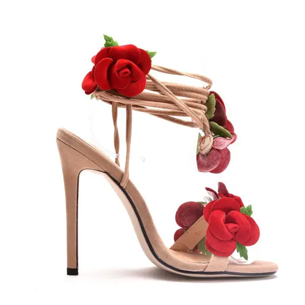Chic / Belle Beige Été Jardin / Extérieur Appliques Sandales Femme 2023 Bride Cheville 11 cm Talons Aiguilles Peep Toes / Bout Ouvert Sandales Talons Hauts