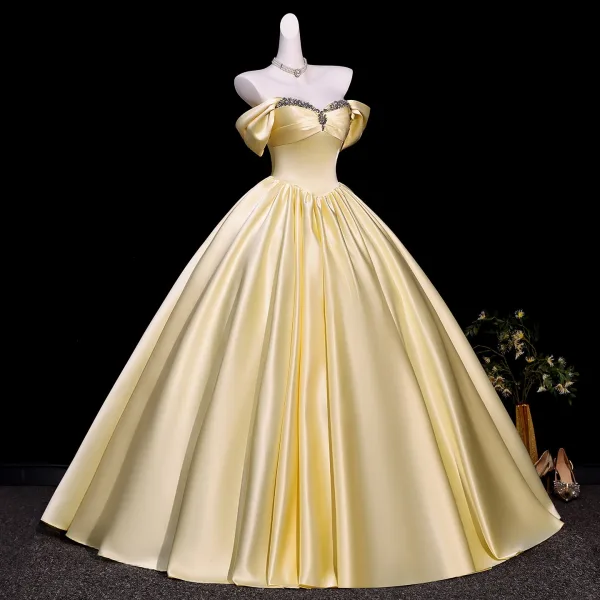 Vintage / Retro Yellow Rhinestone Prom Dresses 2026 Ball Gown Off-The-Shoulder Short Sleeve Backless Floor-Length / Long Formal Dresses