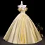 Vintage / Retro Yellow Rhinestone Prom Dresses 2026 Ball Gown Off-The-Shoulder Short Sleeve Backless Floor-Length / Long Formal Dresses