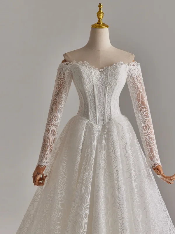 Modest / Simple White Lace Flower Wedding Dresses 2025 A-Line / Princess Off-The-Shoulder Long Sleeve Backless Floor-Length / Long