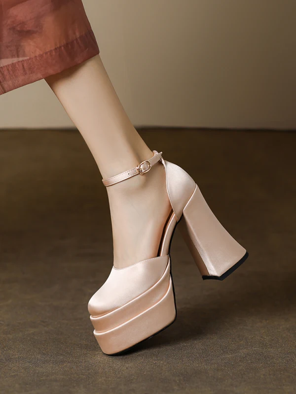 Fashion Beige Leather Prom Womens Sandals 2023 Ankle Strap 12 cm Thick Heels Square Toe Sandals