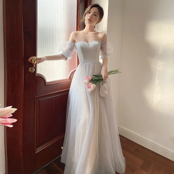 Modest / Simple Grey Spotted Bridesmaid Dresses 2022 A-Line / Princess Puffy Short Sleeve Backless Floor-Length / Long Bridesmaid Formal Dresses Bridesmaid Dresses