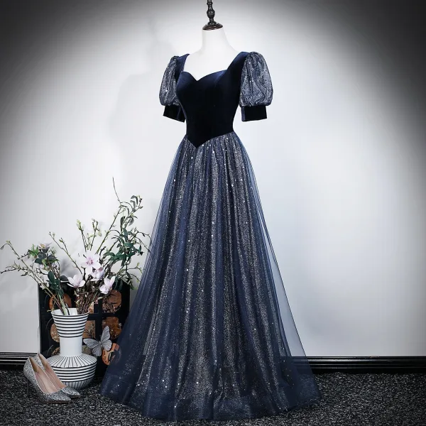 Vintage / Retro Navy Blue Sequins Prom Dresses 2026 A-Line / Princess Square Neckline Short Sleeve Backless